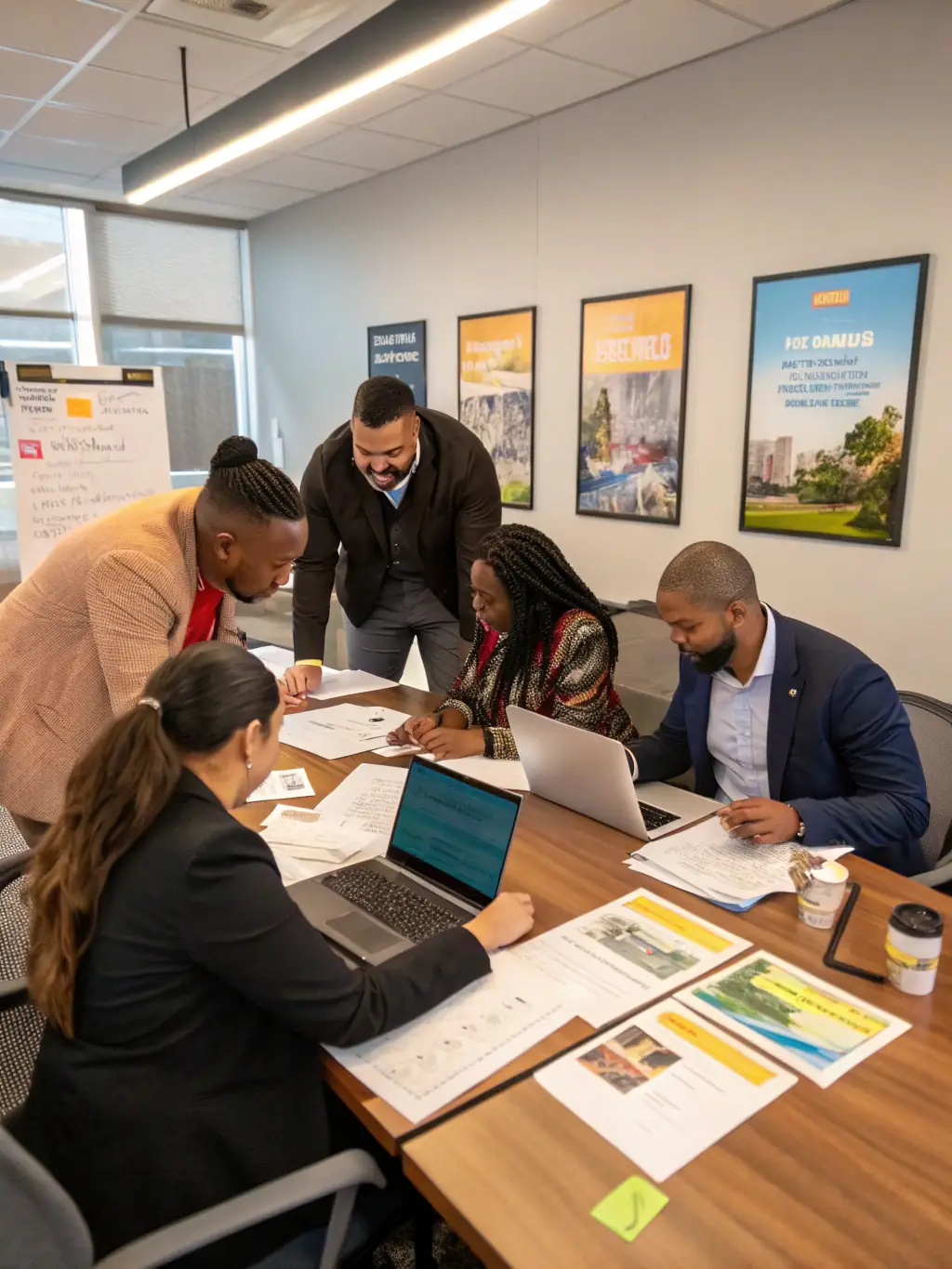 A professional photograph of a diverse team of recruiters collaborating in a modern office setting, emphasizing teamwork and expertise in talent acquisition, for the Phandispani company features section.